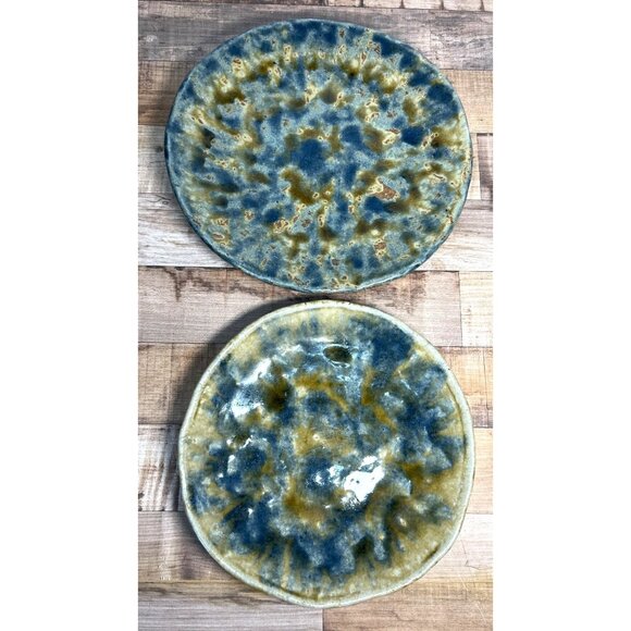 Rustic Handmade Glazed Ceramic Plates - Set Of 2 Blue/Yellow Splatter Design 8.5 - Picture 1 of 4